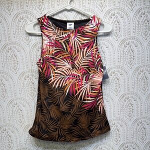 Lands' End Tankini Top Womens 4 Brown Pink Tropical Palm High Neck Swimwear NEW